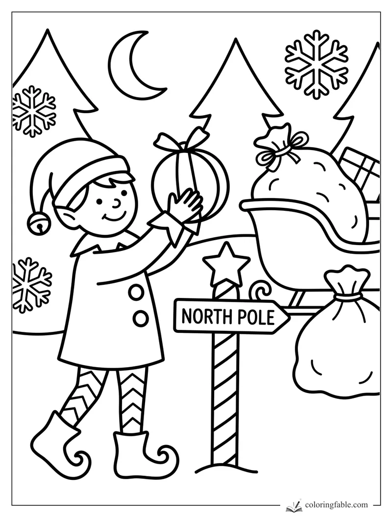 Smiling elf holding a round gift beside Santa's sleigh, North Pole sign, snowflakes, moon, and pine trees