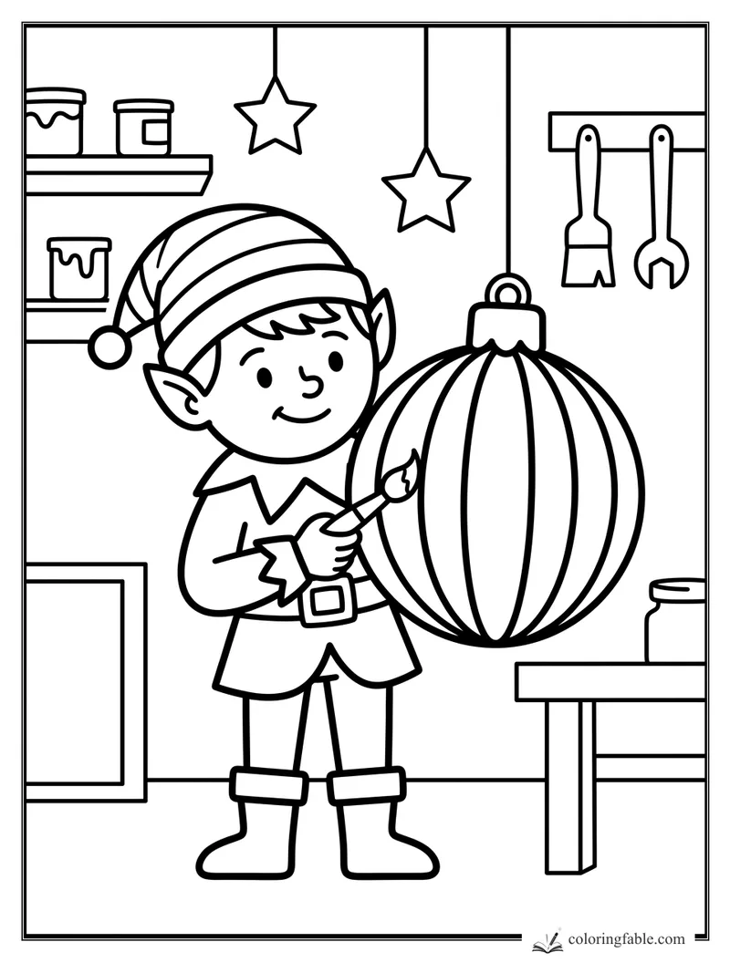 Smiling elf paints a giant striped Christmas ornament in a workshop with paint jars, stars, and hanging tools.