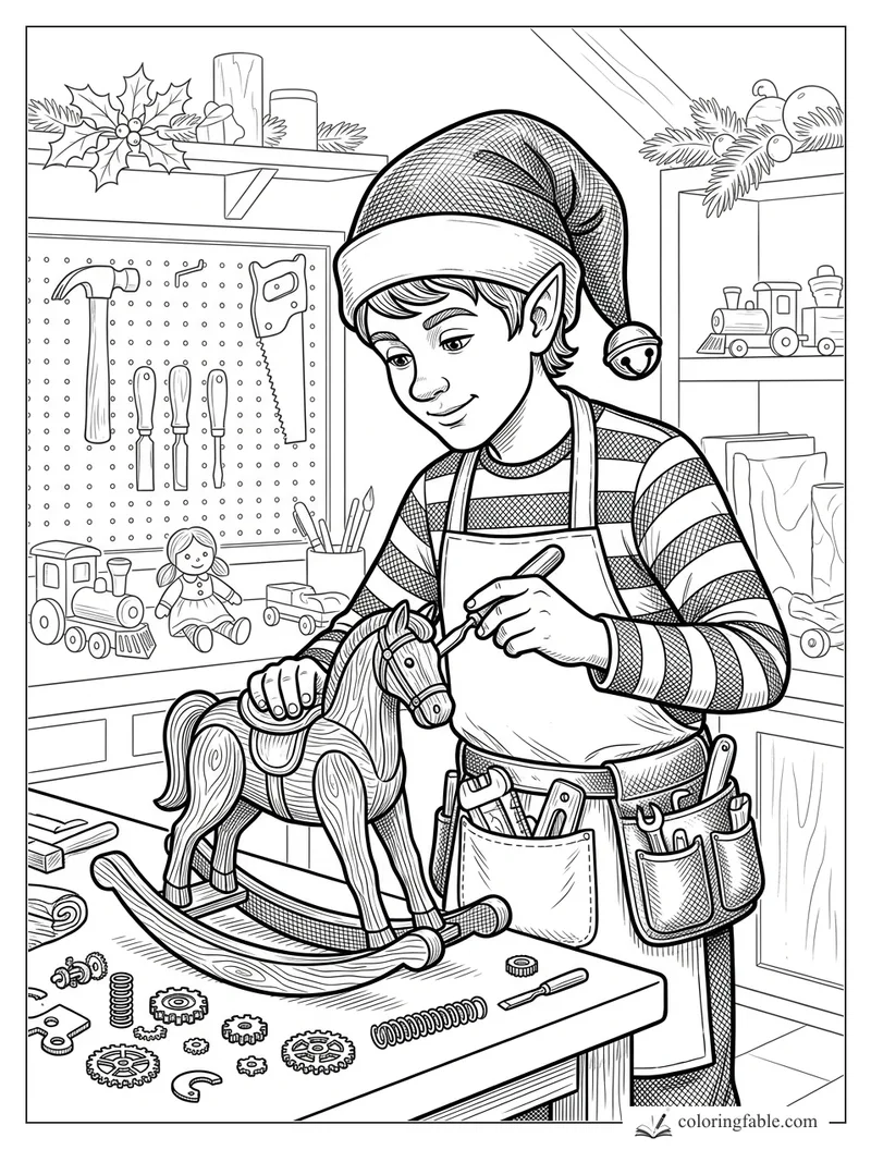 Engraving-style elf paints a wooden rocking horse at a toy workshop bench with tools, gears, train, doll, and holly.