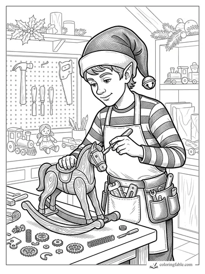 Engraving-style elf paints a wooden rocking horse at a toy workshop bench with tools, gears, train, doll, and holly.