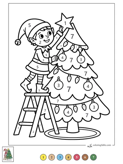 Elf Placing the Star on the Christmas Tree — color by number