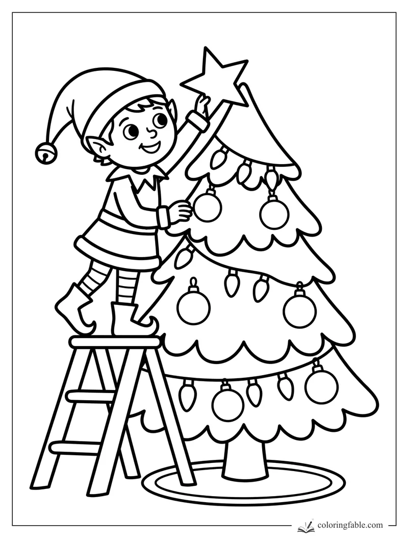 Smiling elf on a ladder placing a star on a decorated Christmas tree coloring page