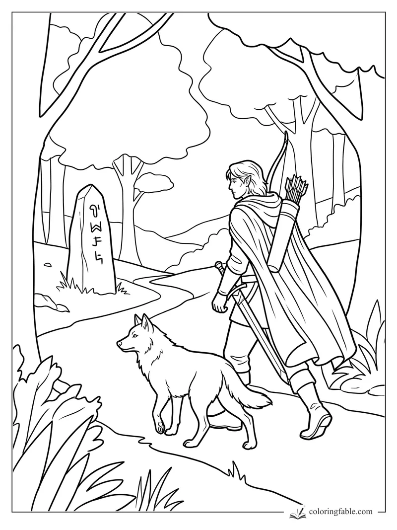 Elf ranger with bow, sword, and wolf beside a rune stone on a winding forest path