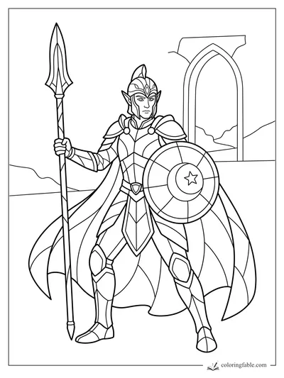 Stained-glass elf warrior holding a spear and star shield beside a tall arched ruin