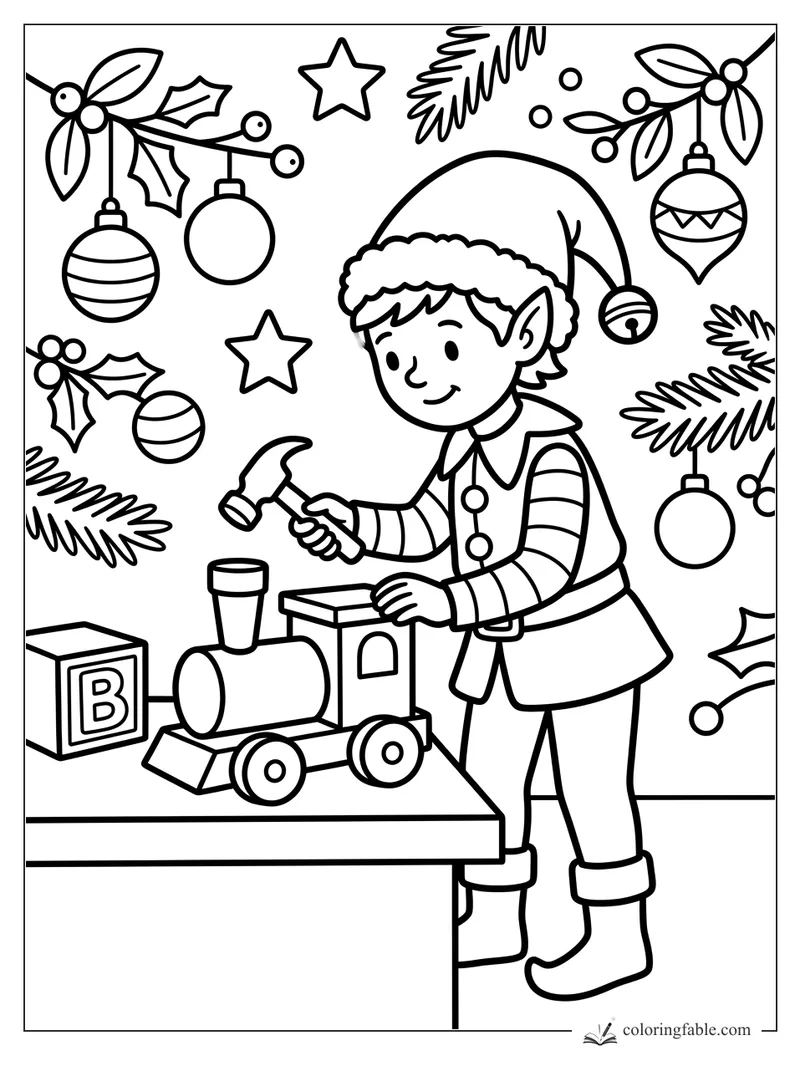 Smiling elf taps a toy train with a hammer beside a B block, ornaments, stars, and holly.