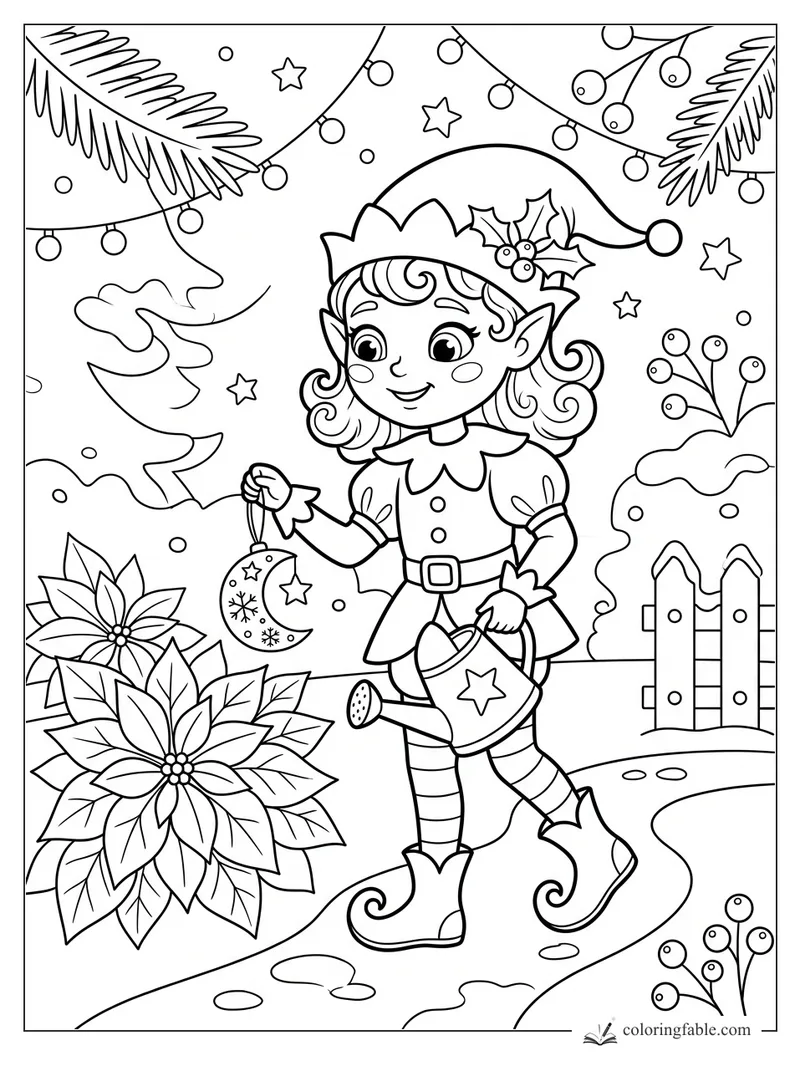Smiling elf waters poinsettias while holding a moon ornament under string lights and stars.