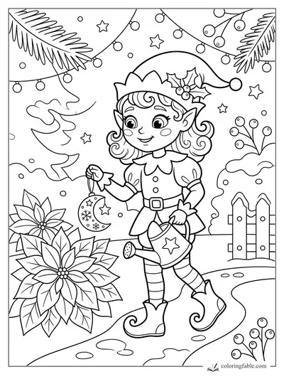 Smiling elf waters poinsettias while holding a moon ornament under string lights and stars.