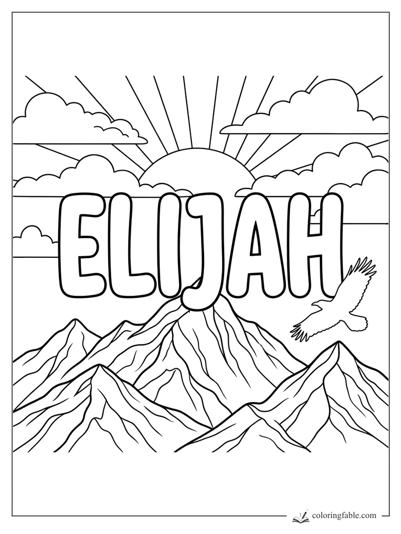 Elijah name coloring page with sunrise rays, layered clouds, sharp mountains, and a soaring bird.