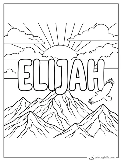 Elijah name coloring page with sunrise rays, layered clouds, sharp mountains, and a soaring bird.