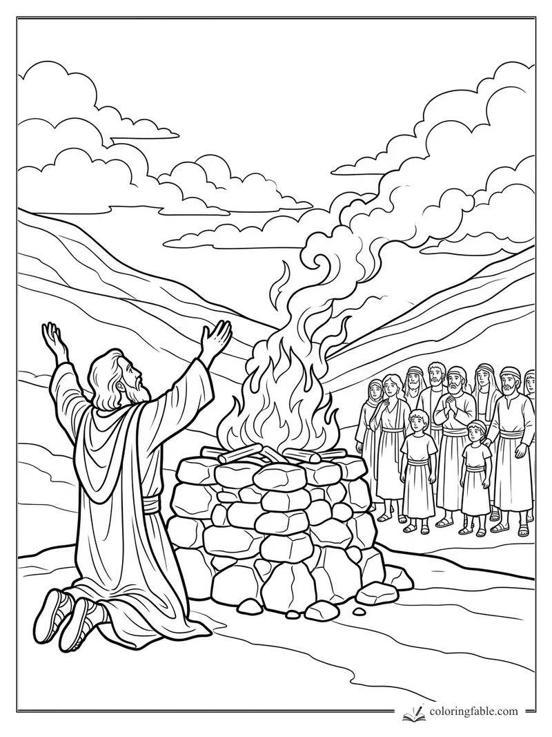 Elijah kneels with raised hands by a flaming stone altar as people watch in the hills