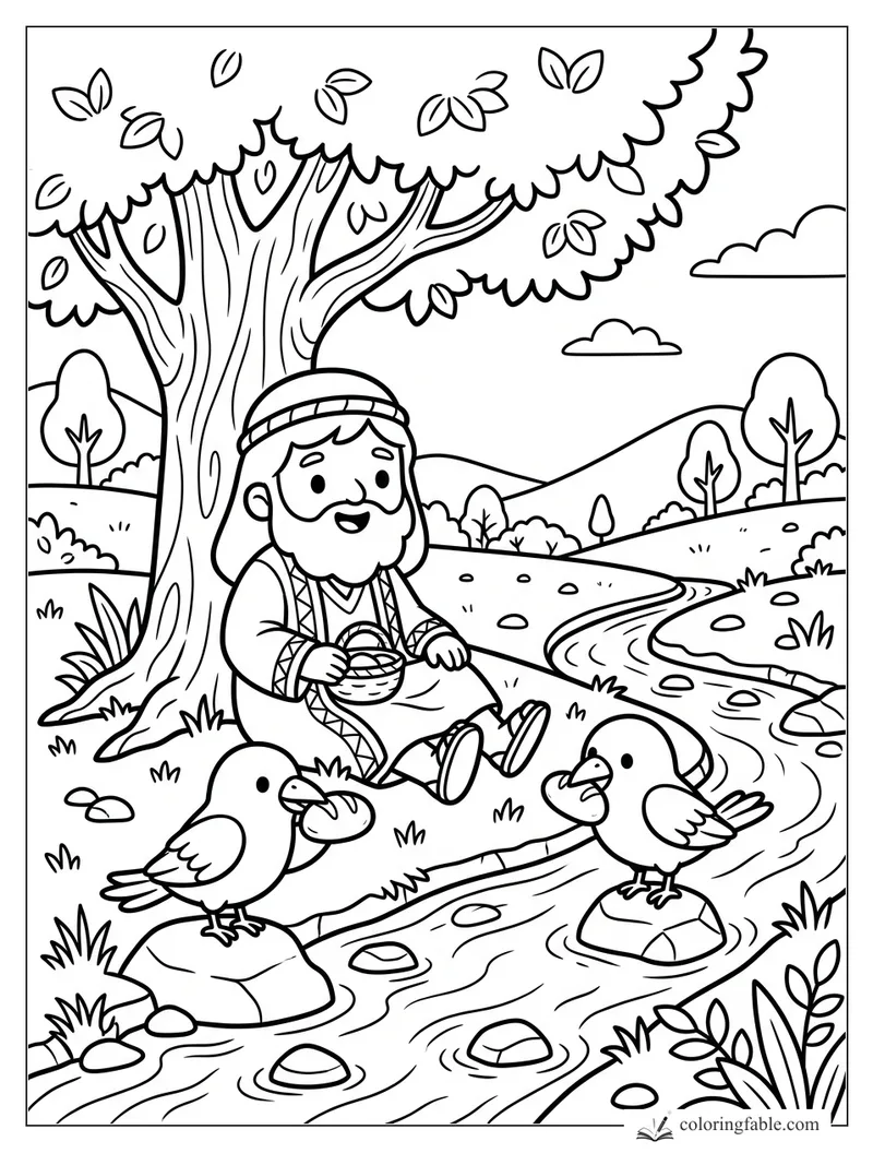 Kawaii Elijah sits under a tree by a brook as two ravens bring bread in their beaks.