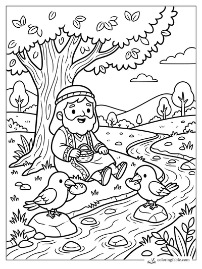 Kawaii Elijah sits under a tree by a brook as two ravens bring bread in their beaks.