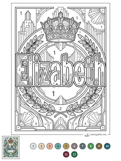 Elizabeth Crowned in Art Deco Laurels — color by number