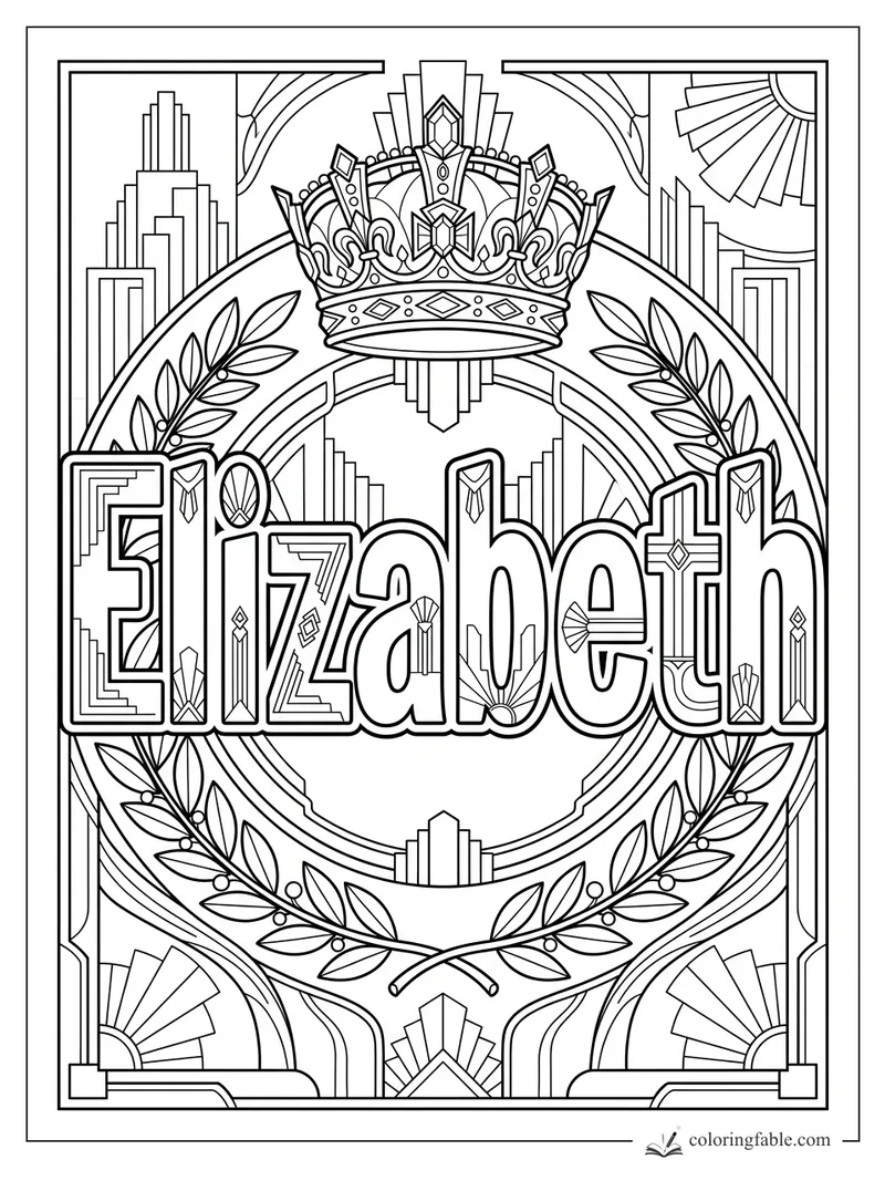 Elizabeth name coloring page with jeweled crown, laurel branches, sunbursts, and Art Deco arches