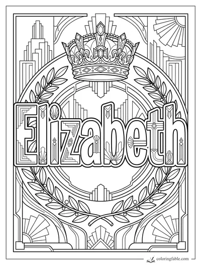 Elizabeth name coloring page with jeweled crown, laurel branches, sunbursts, and Art Deco arches