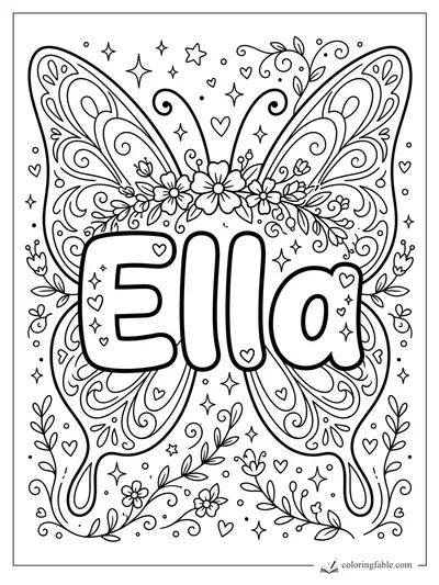 Kawaii Ella name coloring page with big butterfly wings, flowers, hearts, stars, and leafy swirls.
