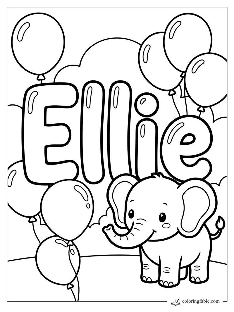 Kawaii elephant beside the name Ellie, surrounded by shiny balloons and rounded letters.