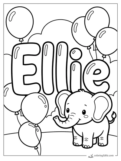 Kawaii elephant beside the name Ellie, surrounded by shiny balloons and rounded letters.