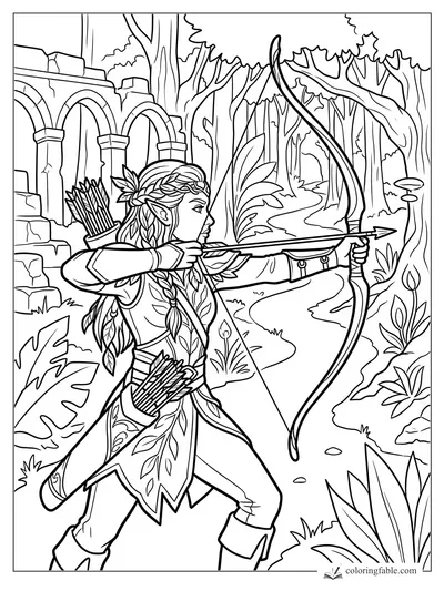 Elf archer aiming a bow on a winding forest path beside ruined stone arches