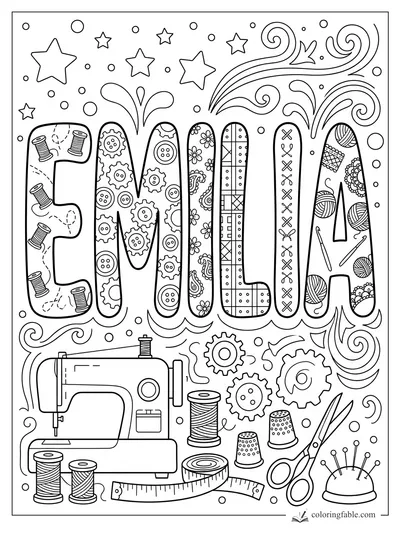 Emilia name coloring page with sewing machine, scissors, gears, thread spools, stars, and patterned letters.