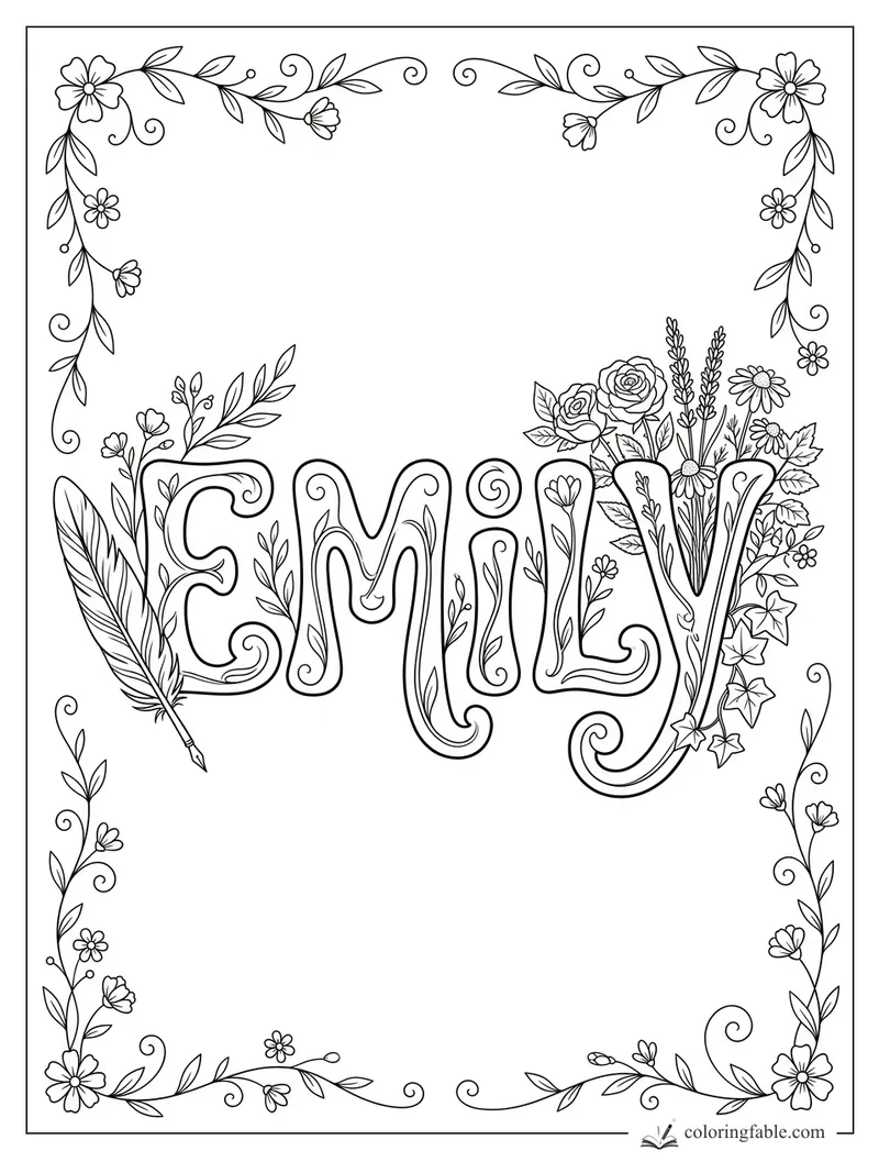 Emily name coloring page with floral border, roses, daisies, ivy, leafy vines, and a feather quill