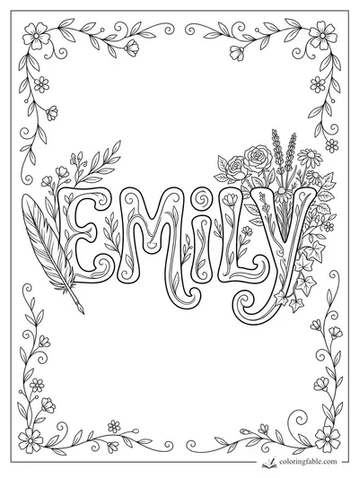 Emily name coloring page with floral border, roses, daisies, ivy, leafy vines, and a feather quill