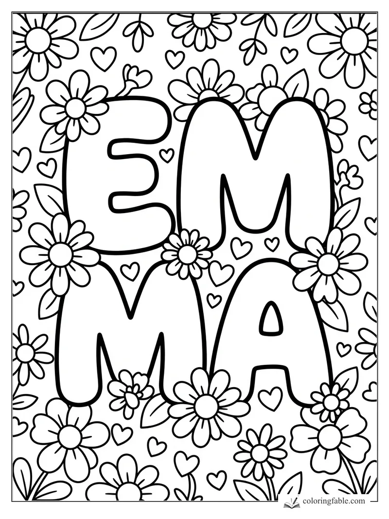 Kawaii EMMA bubble letters surrounded by daisies, leaves, and tiny hearts.