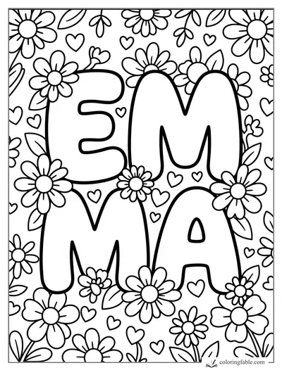 Kawaii EMMA bubble letters surrounded by daisies, leaves, and tiny hearts.