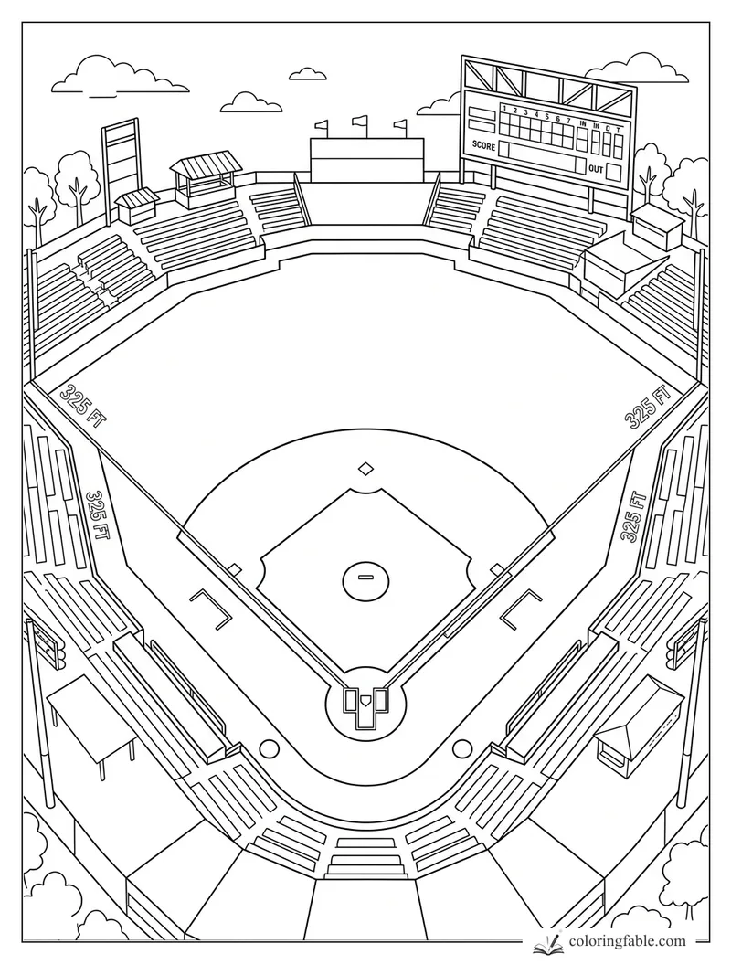 Overhead baseball stadium coloring page with empty bleachers, scoreboard, flags, clouds, and 325 ft foul lines