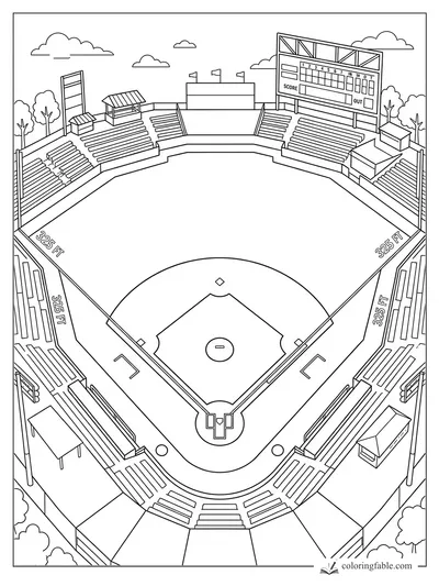 Overhead baseball stadium coloring page with empty bleachers, scoreboard, flags, clouds, and 325 ft foul lines