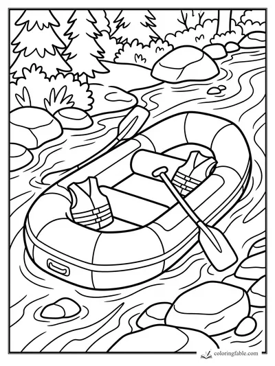 Bold coloring page of an empty rescue raft with paddles and life jackets on a rocky forest river.