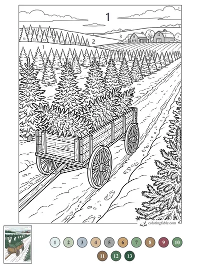 Empty Wagon on a Christmas Tree Farm Road — color by number