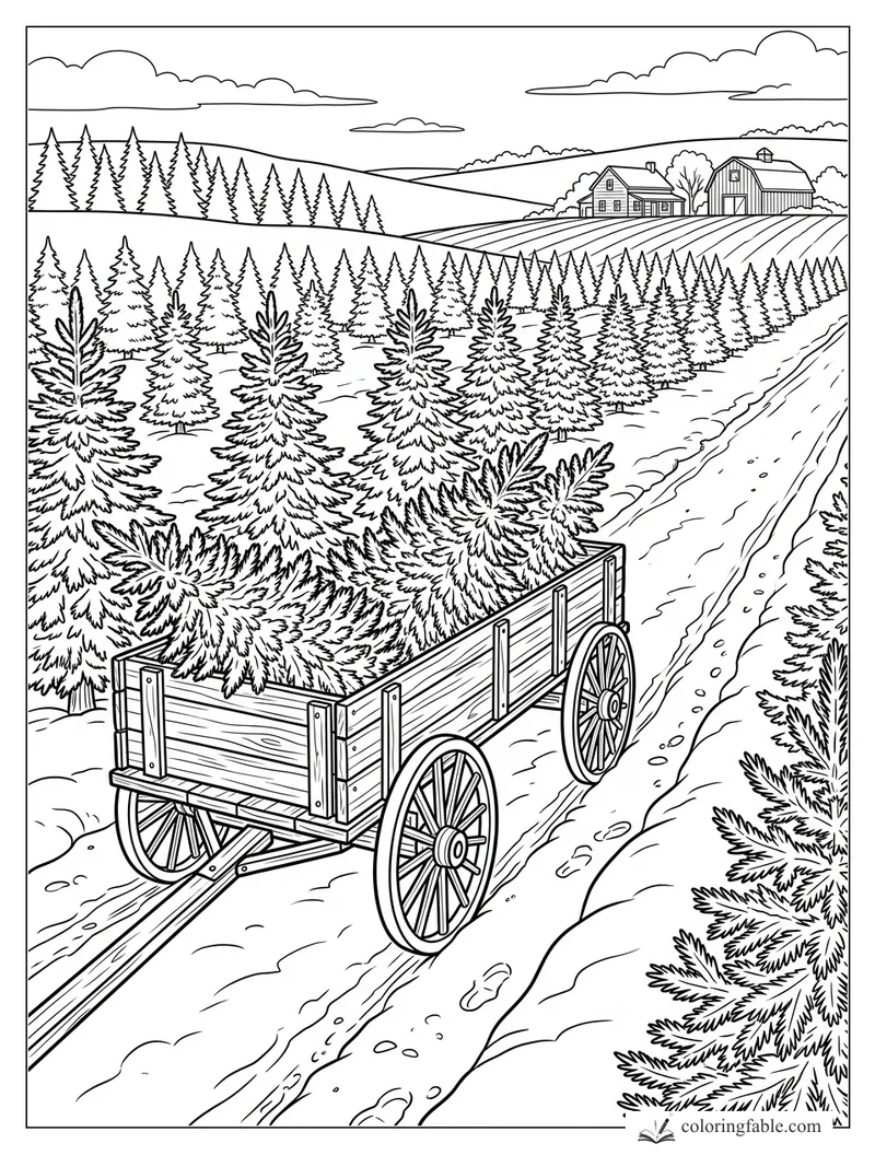 Empty wooden wagon on snowy Christmas tree farm road with farmhouse, barn, hills, and rows of fir trees