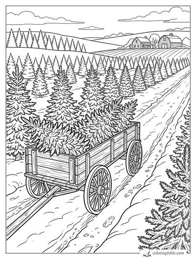 Empty wooden wagon on snowy Christmas tree farm road with farmhouse, barn, hills, and rows of fir trees