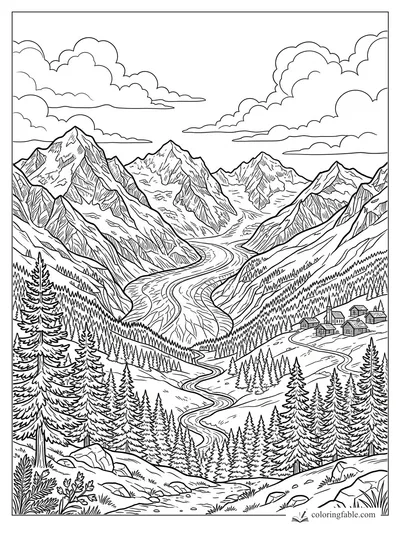 Intricate alpine valley coloring page with glacier, pine forest, village cabins, peaks, and layered clouds.