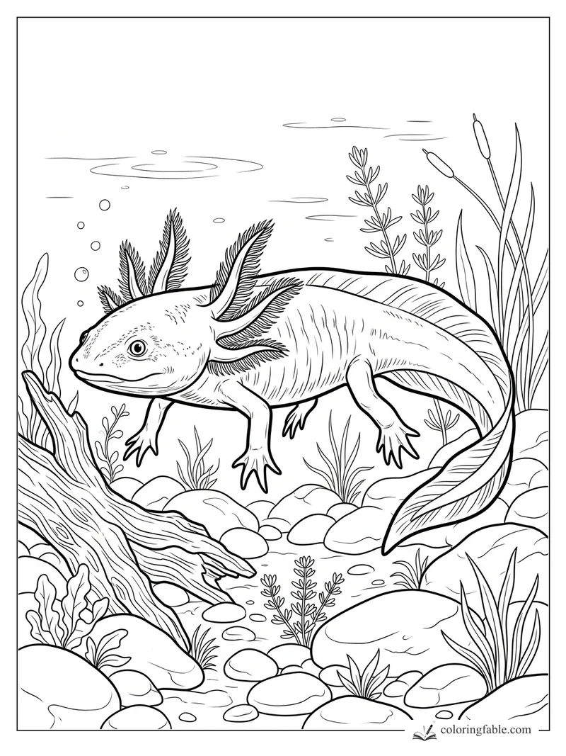 Intricate engraved axolotl swimming past river stones, cattails, bubbles, and a sunken log.