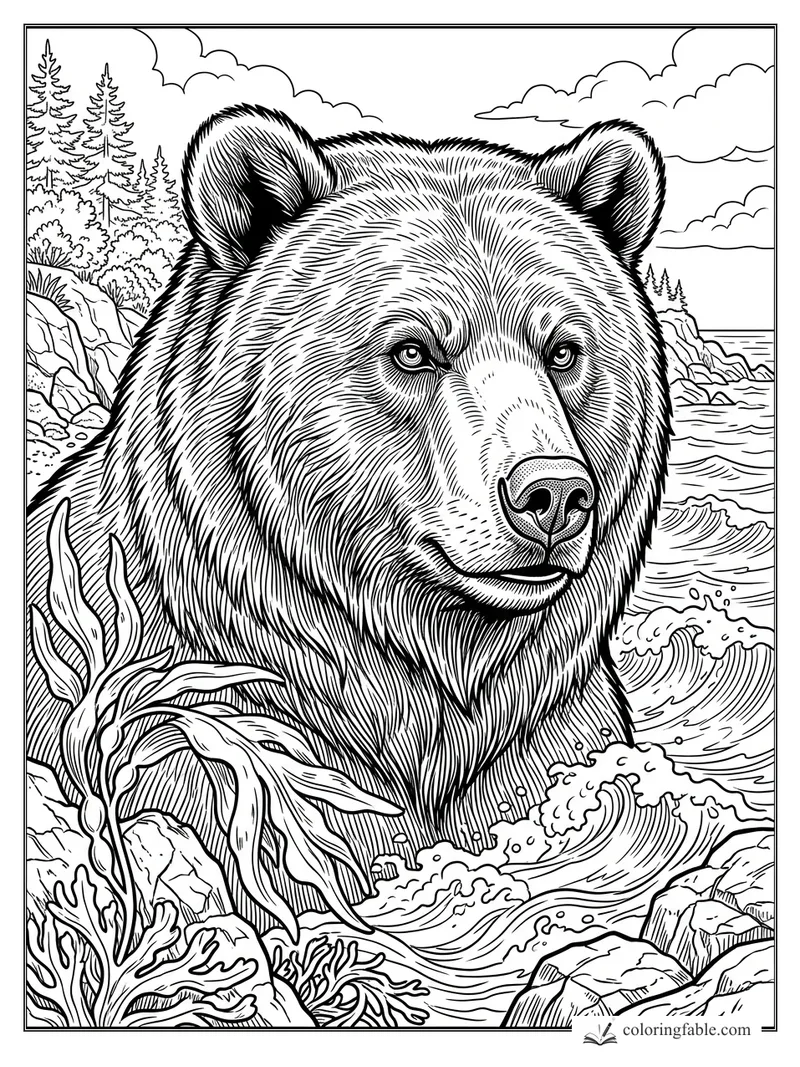 Intricate engraved bear portrait wading through ocean waves by kelp, rocks, cliffs, pines, and clouds.