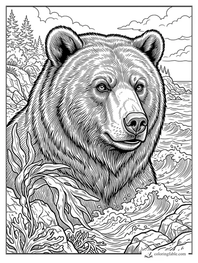 Intricate engraved bear portrait wading through ocean waves by kelp, rocks, cliffs, pines, and clouds.