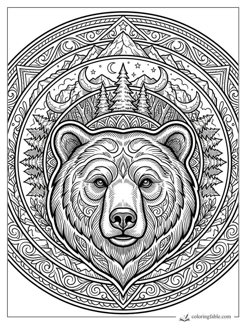 Intricate bear mandala with pine trees, crescent moons, stars, mountains, and engraved floral borders.
