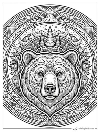 Intricate bear mandala with pine trees, crescent moons, stars, mountains, and engraved floral borders.