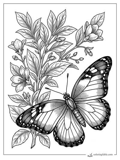 Intricate engraved butterfly with open wings beside leafy flowering stems and buds