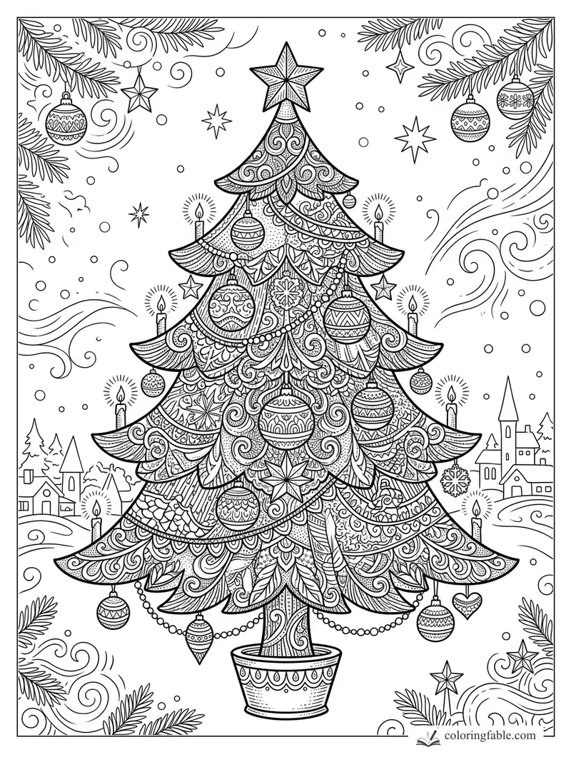 Intricate engraved Christmas tree in a pot with star topper, candles, ornaments, swirling snow, and village houses.