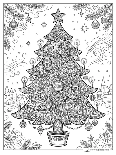 Intricate engraved Christmas tree in a pot with star topper, candles, ornaments, swirling snow, and village houses.