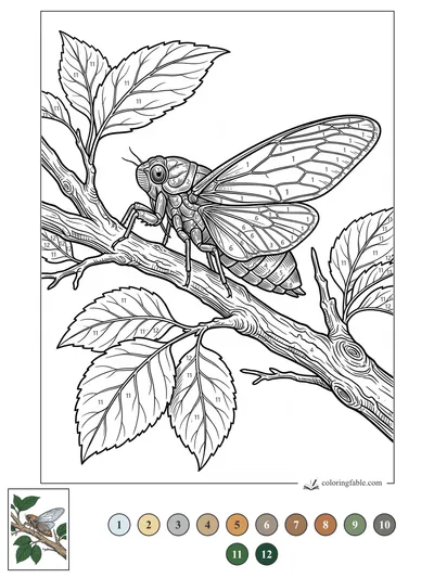 Engraved Cicada Resting on a Leafy Branch — color by number