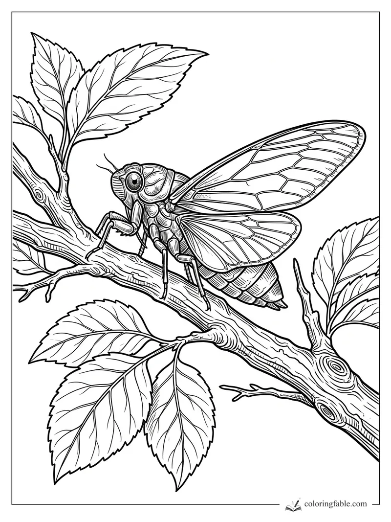 Intricate engraved cicada on a tree branch with veined wings, bark knots, and serrated leaves