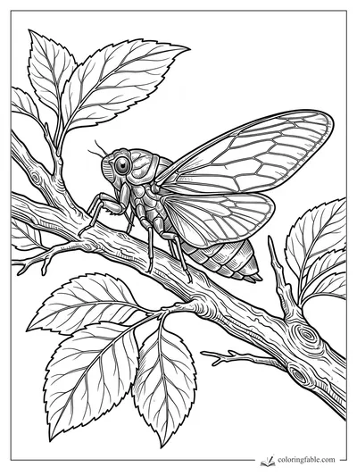 Intricate engraved cicada on a tree branch with veined wings, bark knots, and serrated leaves