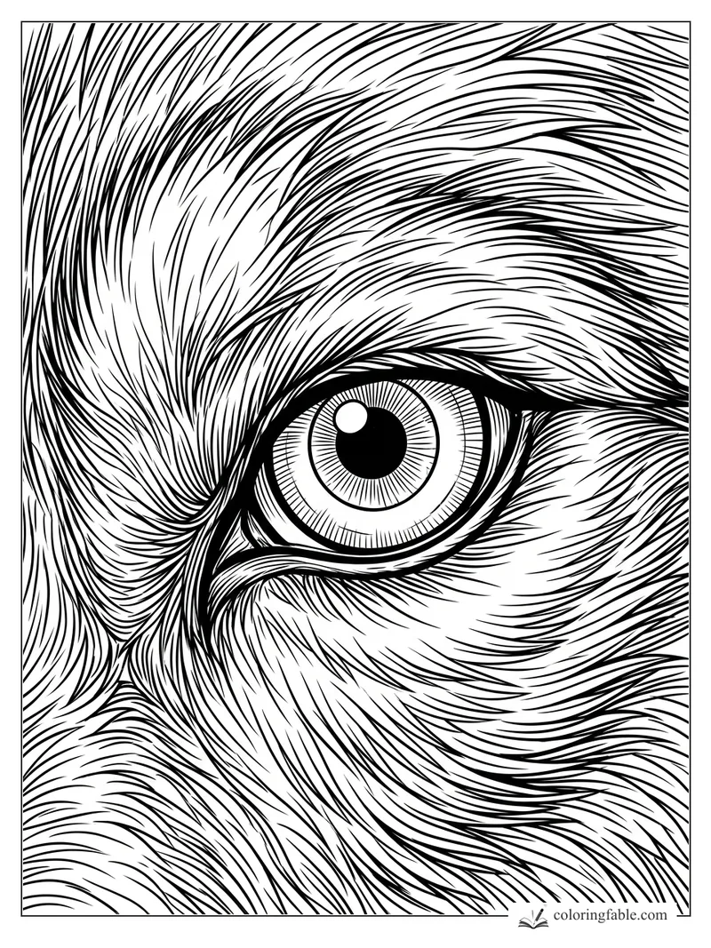 Intricate engraving-style wolf eye close-up with flowing fur lines and a bright round highlight