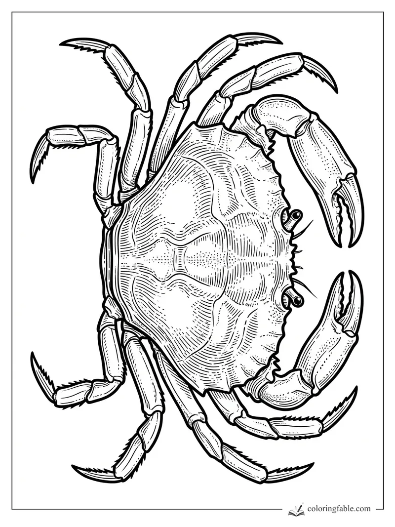 Intricate engraving-style crab with raised claws, jointed legs, eyestalks, and textured shell lines