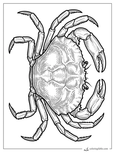 Intricate engraving-style crab with raised claws, jointed legs, eyestalks, and textured shell lines