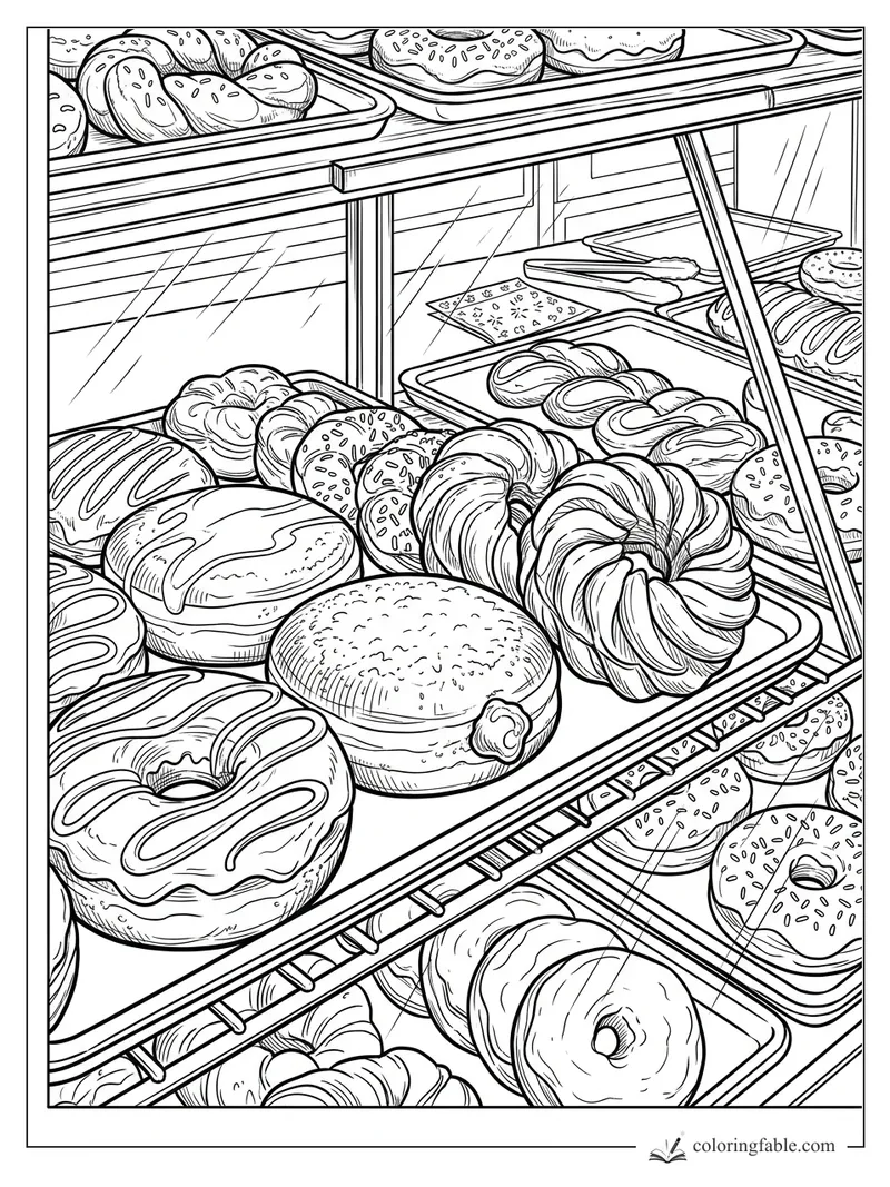 Intricate engraving-style coloring page of donuts and pastries in a glass bakery display case.